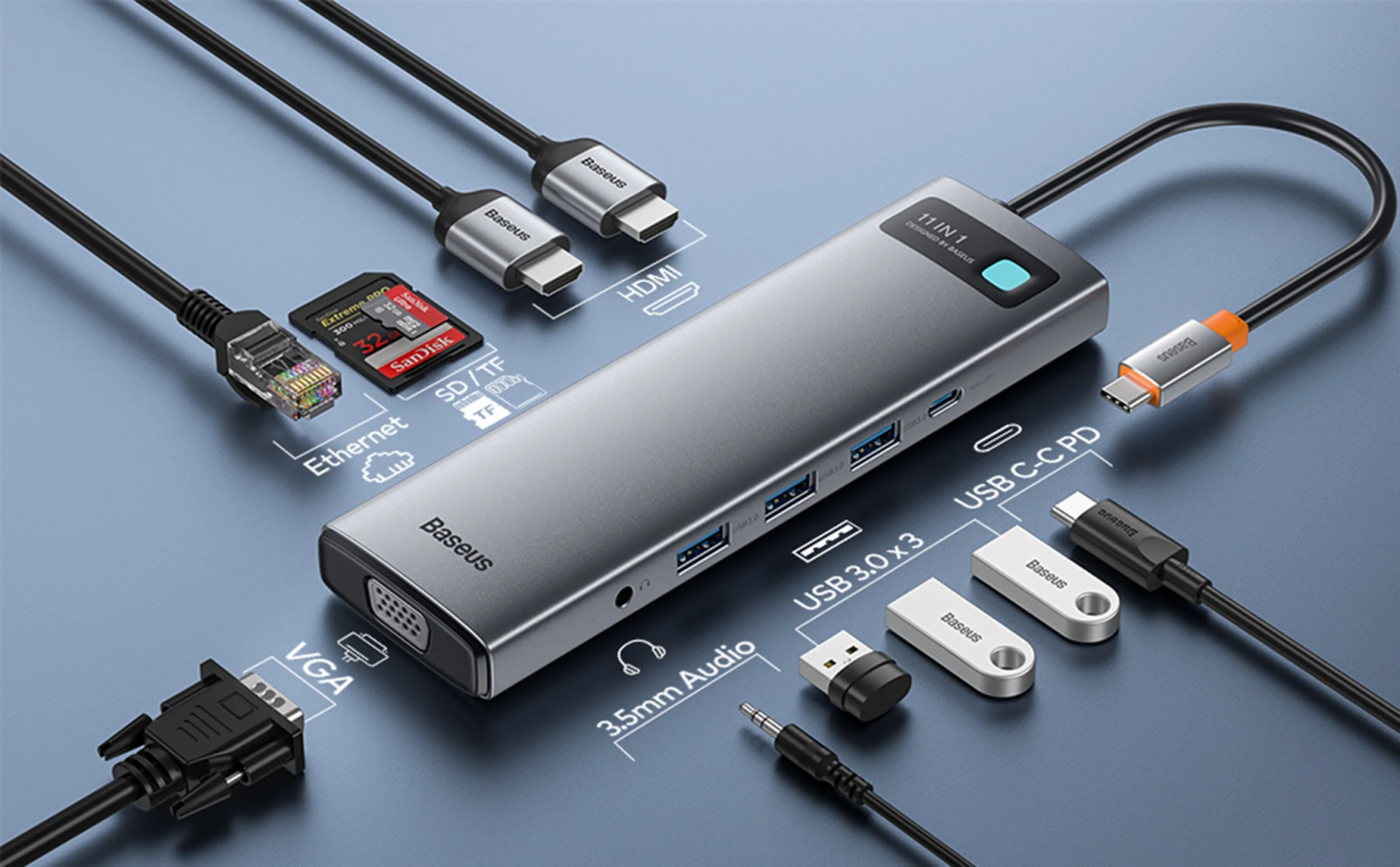 Докинг станция Baseus Joystar CAHUB-CT0G, от USB Type-C към 3x USB-A, 1x VGA, 1x USB-C (PD), 2x HDMI, 1x RJ45, 1x SD Card четец, 1x microSD Card четец, 1x 3.5mm жак, сребриста - характеристика 2