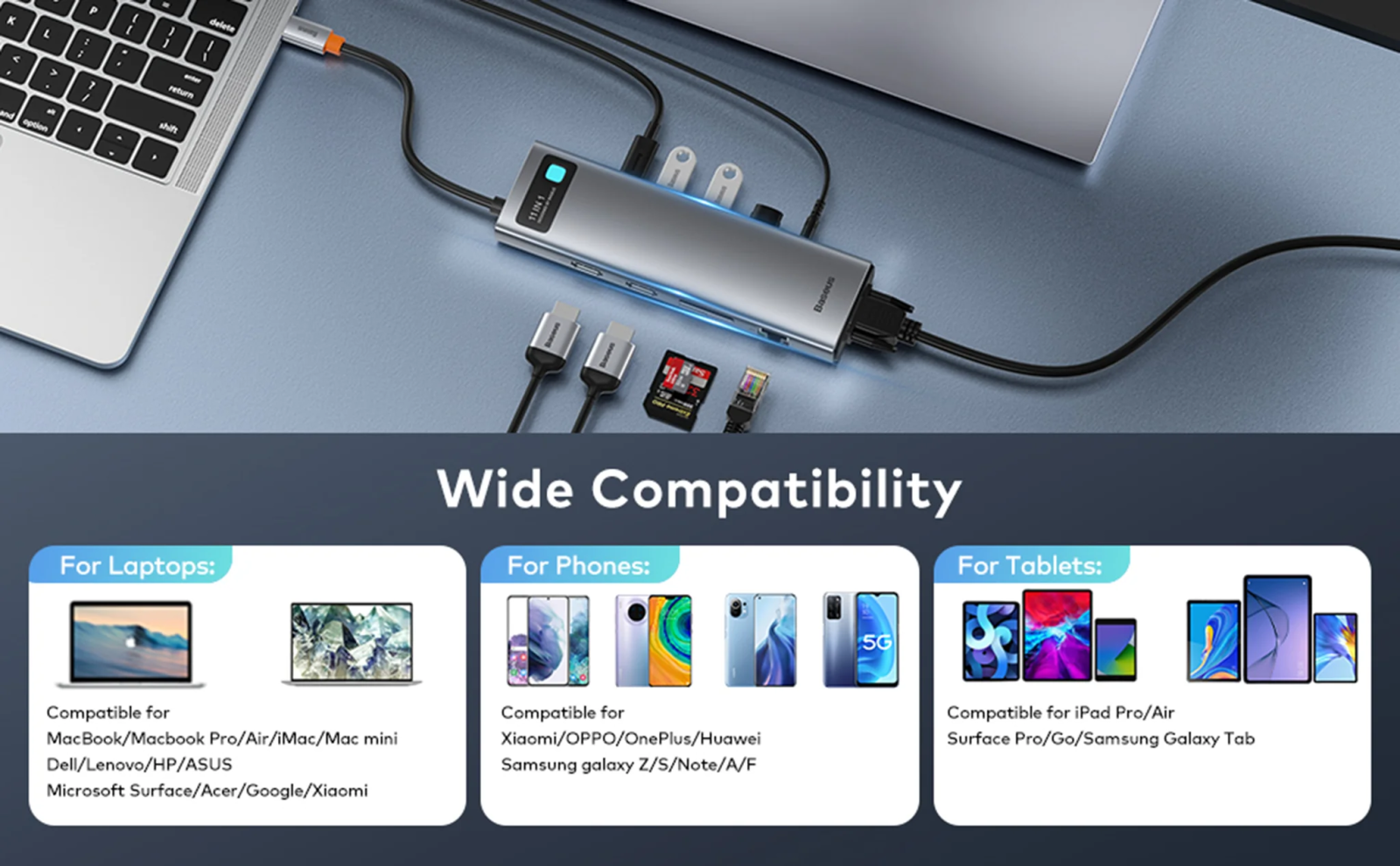 Докинг станция Baseus Joystar CAHUB-CT0G, от USB Type-C към 3x USB-A, 1x VGA, 1x USB-C (PD), 2x HDMI, 1x RJ45, 1x SD Card четец, 1x microSD Card четец, 1x 3.5mm жак, сребриста - характеристика 3
