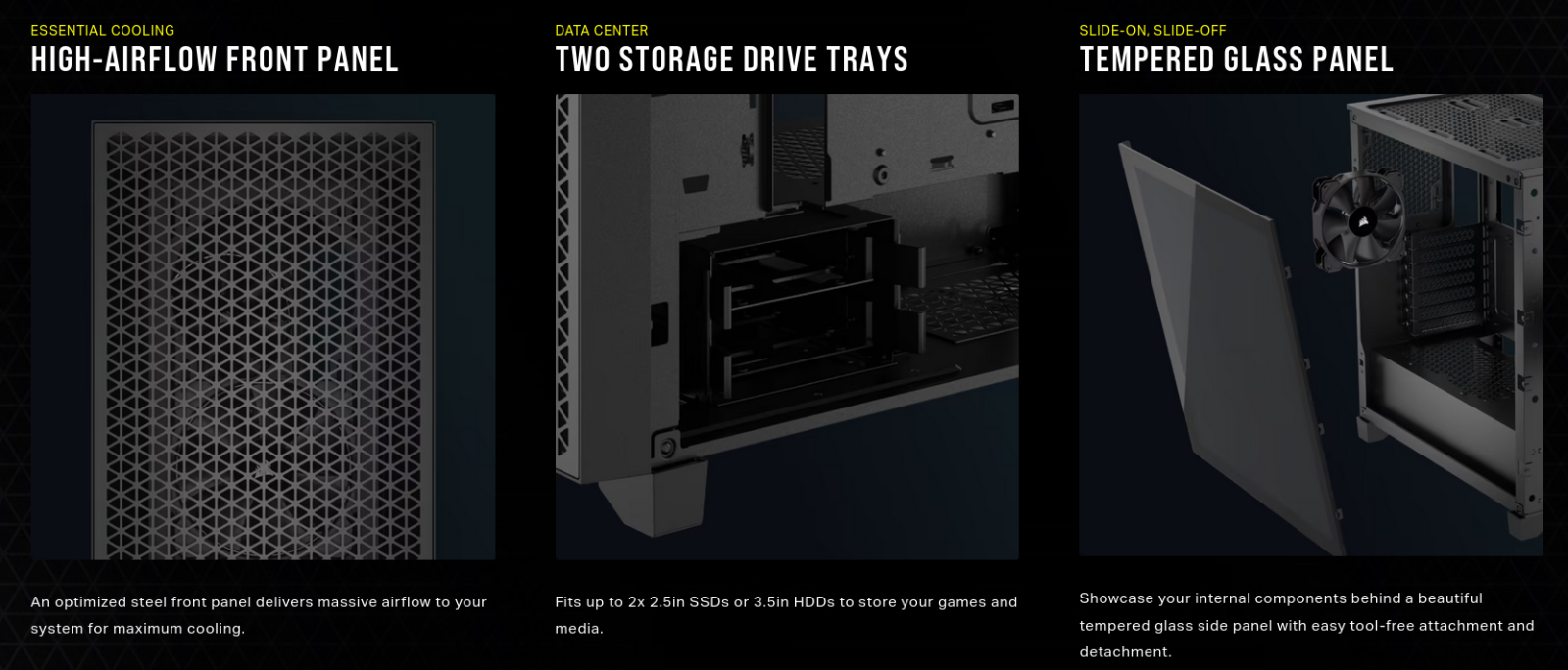 Кутия Corsair 3000D Airflow, ATX, 2x USB 3.2 Gen 1 Type-A, прозорец, бяла, без захранване - характеристика 2