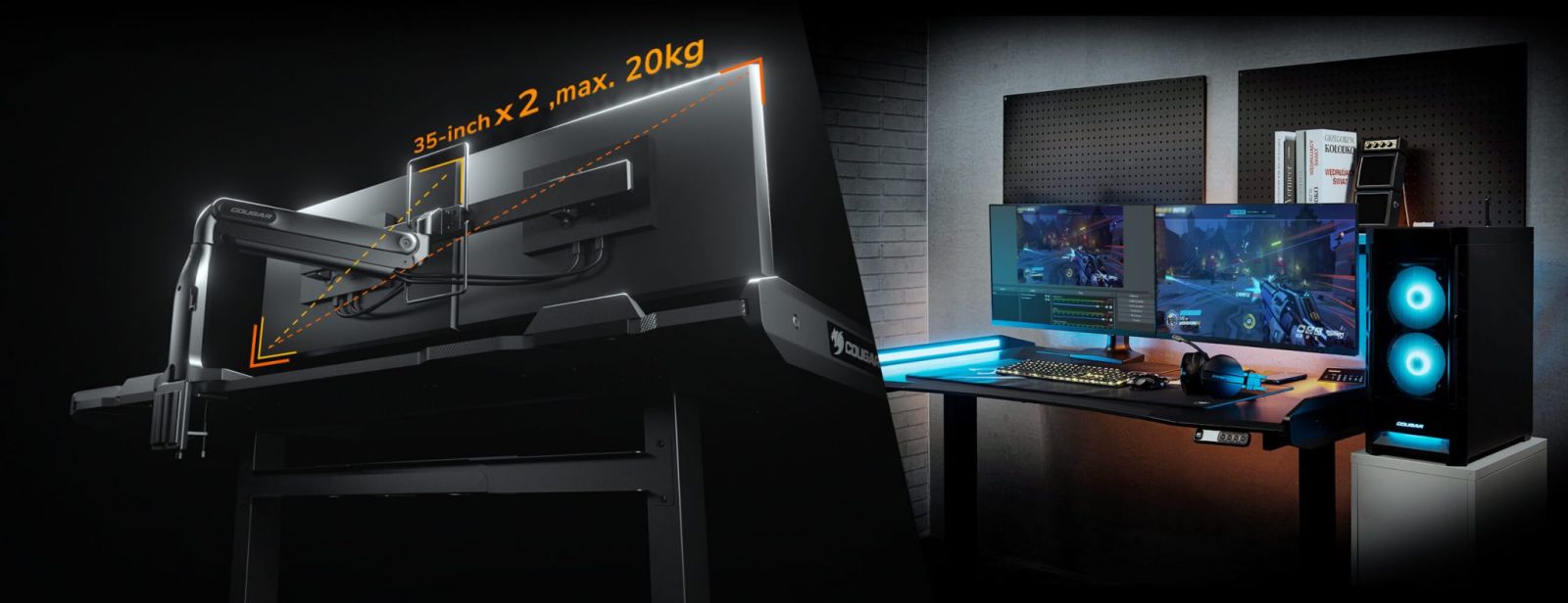 Стойка за монитор Cougar Gaming DUO35, за плот, до 35", VESA до 100x100, до 20kg, за два монитора, черна - характеристика 1