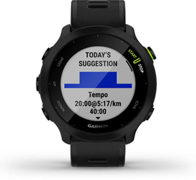 Смарт часовник Garmin Forerunner 55 Black, 1.04" (2.64 cm) MIP дисплей, до 14 дни живот на батерията, GPS, акселерометър, пулсомер, Connect IQ, хидратация, съвместим с Android и Apple устройства, черен - характеристика 6