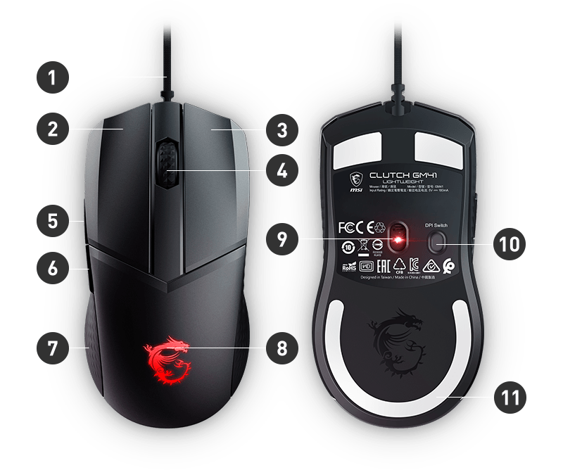 Мишка MSI Clutch GM41 Lightweight, оптична(6400dpi), USB, гейминг, черна, 6 бутона, PixArt PMW-3389 оптичен сензор - характеристика 6