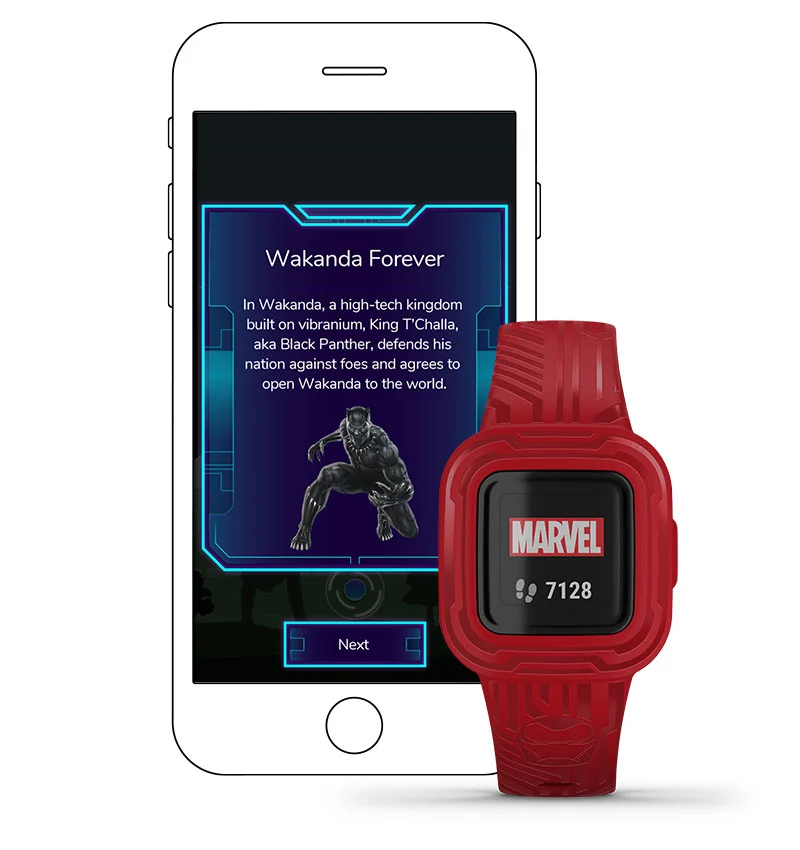 Смарт часовник Garmin vivofit jr. 3 Marvel Black Panther, 0.55" (1.41cm) цветен MIP дисплей, 5АТМ, акселерометър, Bluetooth, функции за активност при деца, черен - характеристика 2
