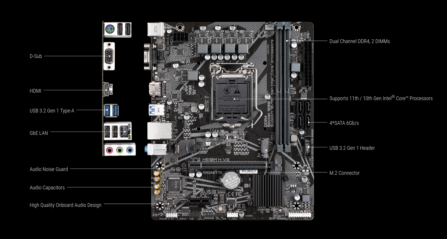 Дънна платка Gigabyte H510M-H V2, H470, LGA1200, DDR4, PCI-E 3.0 (HDMI&D-Sub), 1x M.2, 4x SATA 6Gb/s, 2x USB 3.2 Gen 1, Micro ATX - характеристика 2