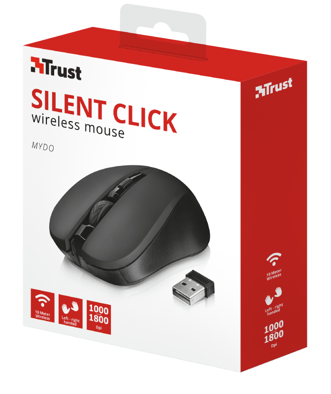 Мишка TRUST Mydo Silent, оптична (1800 dpi), безжична, черна - характеристика 5