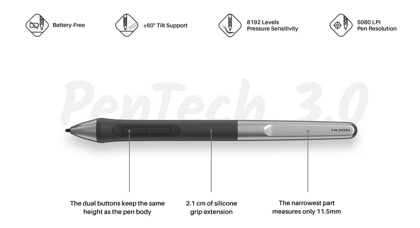 Графичен таблет Huion Inspiroy 2 M (зелен)(H951P), 5080 lpi, 8192 нива на натиск, 3 групови клавиша + скролер - характеристика 3