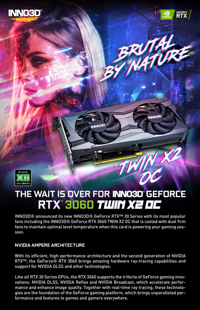 Видео карта Nvidia GF RTX 3060, 12GB, Inno3D Twin X2 OC, PCI-E 4.0, GDDR6, 192-bit, DisplayPort, HDMI - характеристика 1