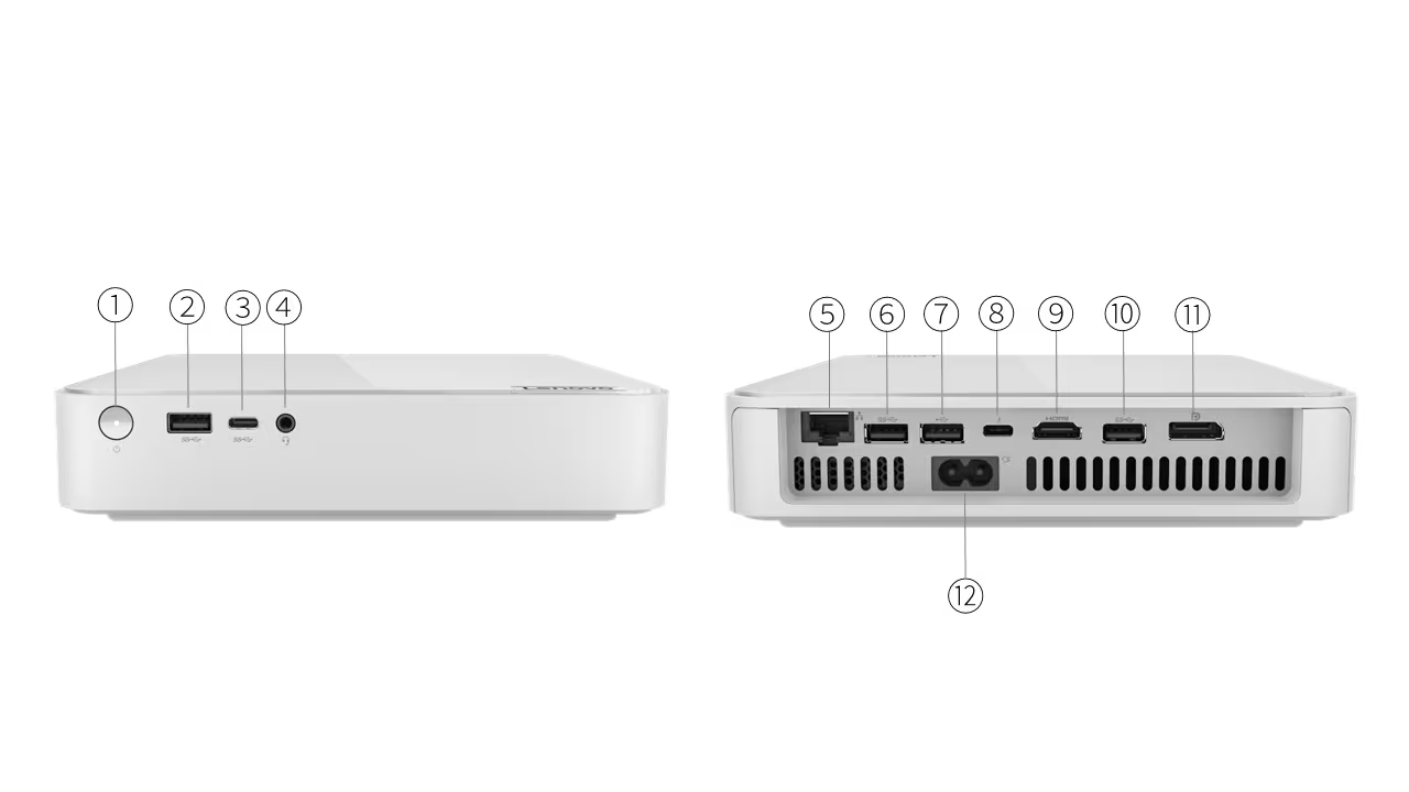 Мини настолен компютър Lenovo IdeaCentre Mini 01IRH8 (90W2001ERM), дванадесетядрен Intel Core i5-13500H 2.6/4.7GHz, 16GB DDR4, 512GB SSD NVMe, 1x Thunderbolt 4, 1x USB-C 3.2 Gen 2, No OS - характеристика 1