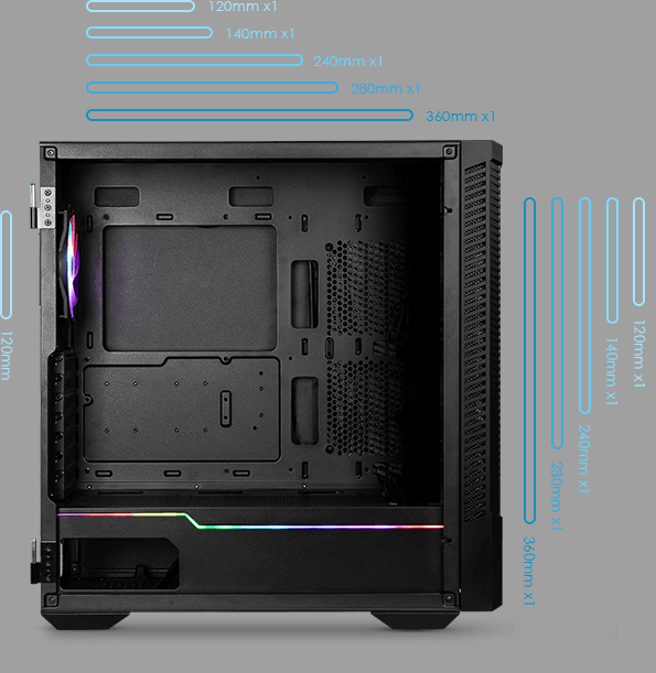 Кутия MSI MPG VELOX 100P AIRFLOW, ATX/Micro-ATX/Mini-ITX, 1x USB 3.2 Gen 2x2 Type-C, 2x USB 3.2 Gen 1 Type-A, прозорец, 4x вентилатора, черна, без захранване - характеристика 12