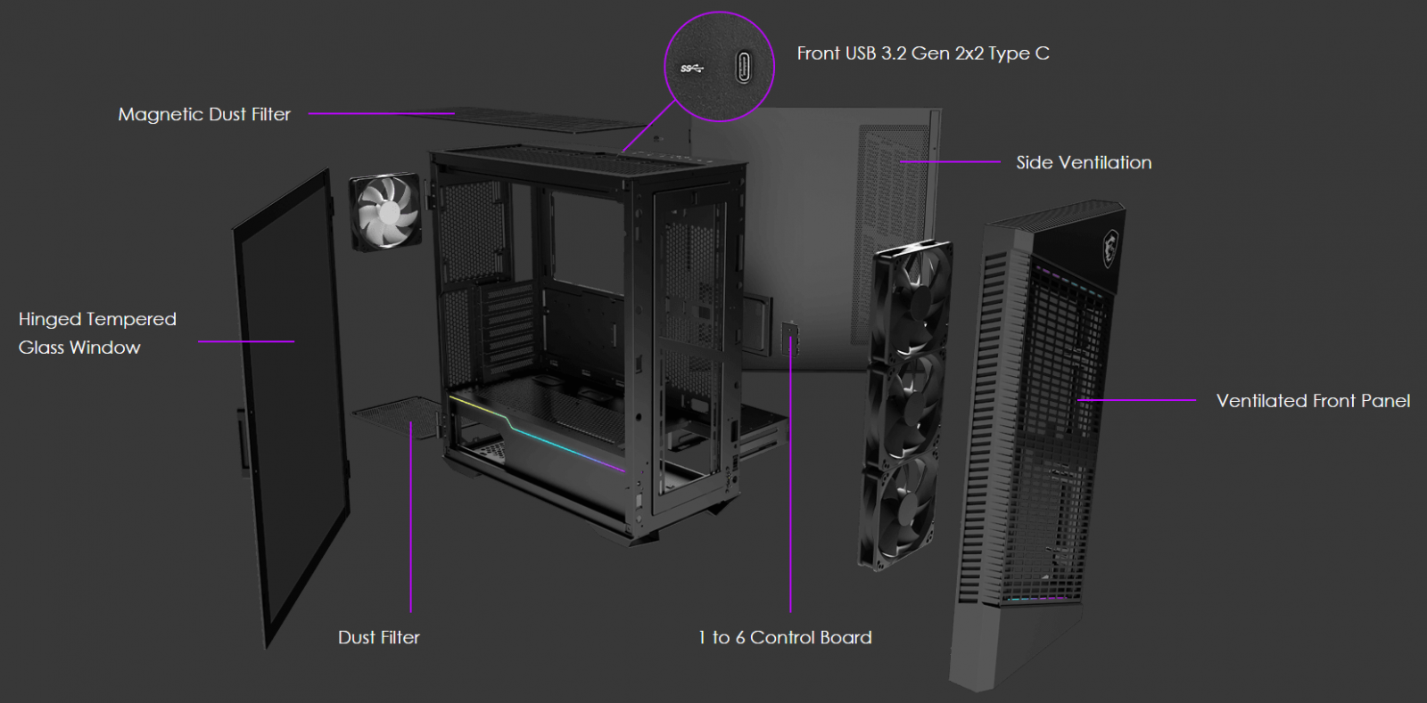 Кутия MSI MPG VELOX 100P AIRFLOW, ATX/Micro-ATX/Mini-ITX, 1x USB 3.2 Gen 2x2 Type-C, 2x USB 3.2 Gen 1 Type-A, прозорец, 4x вентилатора, черна, без захранване - характеристика 7