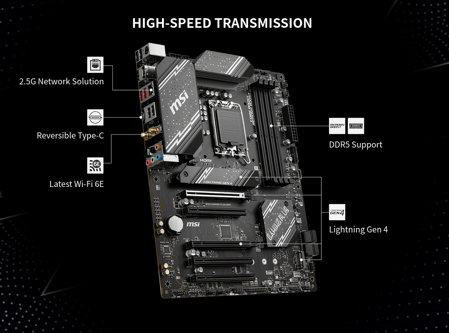 Дънна платка MSI B760 Gaming Plus WIFI, B760, LGA1700, DDR5, PCI-E 4.0 (HDMI/DP), 2x M.2, 4x SATA 6Gb/s, 2x USB 3.2 Gen2 Type A, 1x USB 3.2 Gen2 Type C, ATX - характеристика 2
