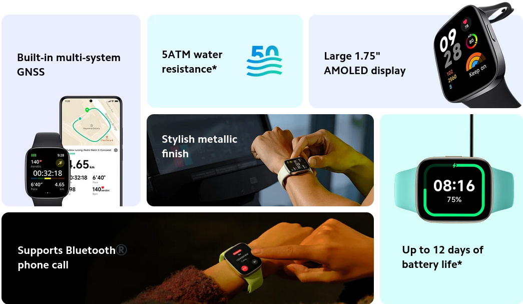 Смарт часовник Xiaomi Redmi Watch 3, 1.75" (4.45cm), AMOLED дисплей, 5АТМ, Bluetooth, до 12 дни живот на батерията, сърдечен ритъм, черен - характеристика 2
