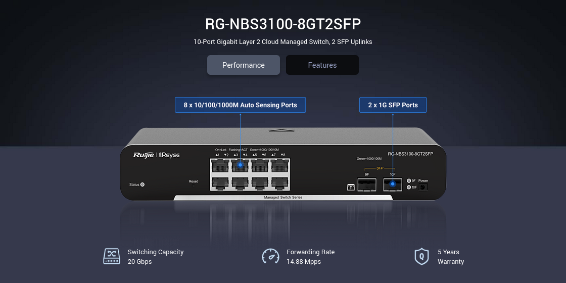 Суич Ruijie RG-NBS3100-8GT2SFP, 10 порта, 8x 10/100/1000BASE-T, 2x SFP - характеристика 1