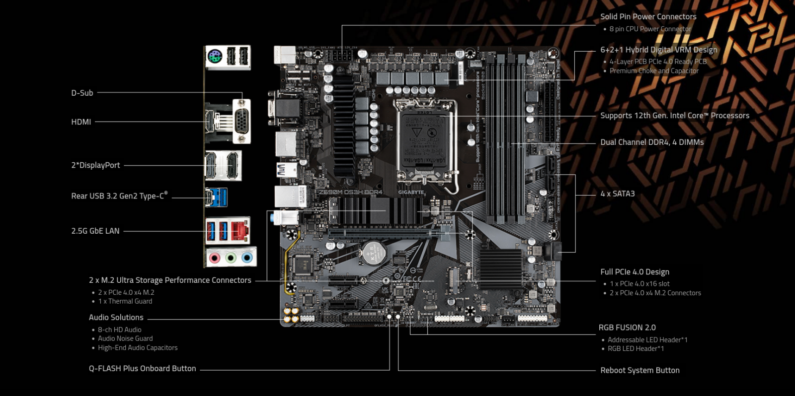 Дънна платка Gigabyte Z690M DS3H, Z690, LGA 1700, DDR4, PCI-E 4.0, (DP&HDMI&VGA), 4x SATA 6Gb/s, 2x M.2, 1x USB Type-C, Micro ATX - характеристика 1