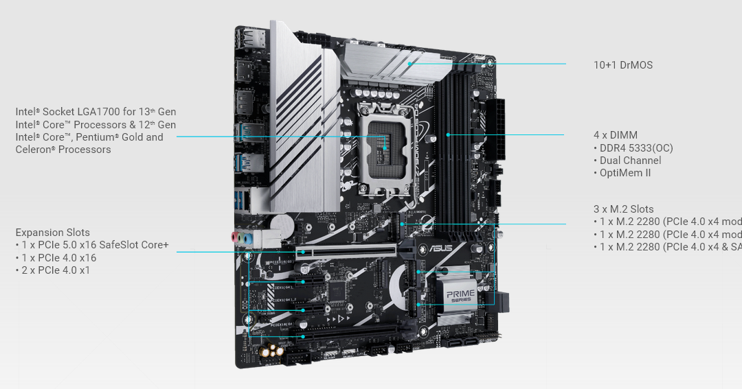 Дънна платка Asus PRIME Z790M-PLUS D4, Z790, LGA1700, DDR4, PCI-E 5.0 (DP&HDMI), 4x SATA 6Gb/s, 3x M.2, 1x USB Type-C, Micro ATX - характеристика 2