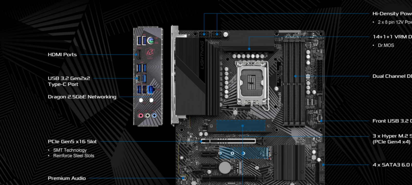 Дънна платка Asrock Z790 PG Lightning, Z790, LGA1700, DDR5, PCIe 5.0, HDMI (CF), 4 x SATA 3, 4x M.2, 1 x USB 3.2 Gen2x2 Type-C, ATX - характеристика 2