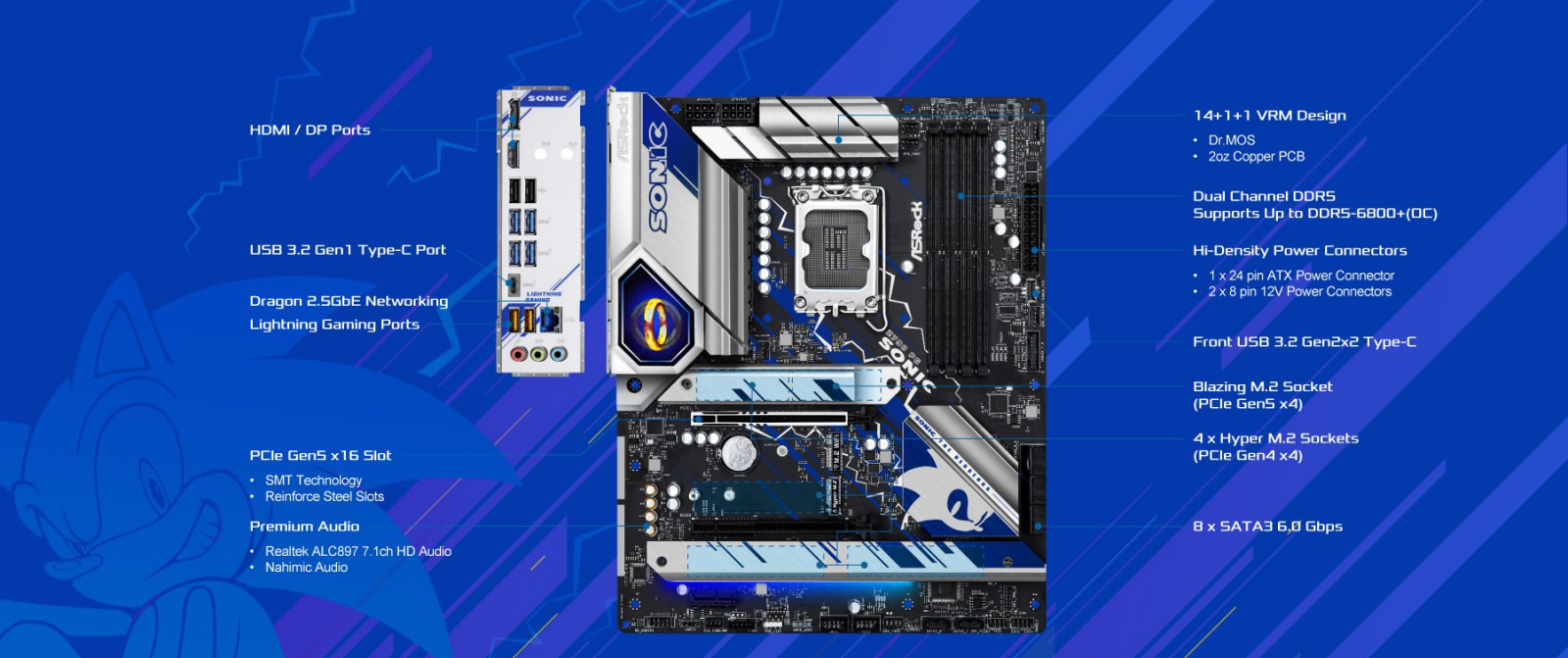 Дънна платка Asrock Z790 PG SONIC, Z790, LGA1700, DDR5, PCIe 5.0, (DP&HDMI)(CF), 8x SATA3, 5x M.2, 1x USB 3.2 Gen1 Type-C, ATX - характеристика 1