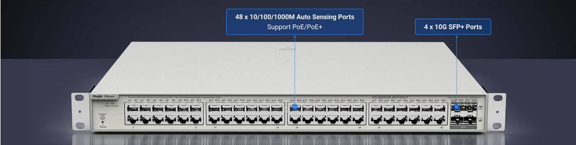 Суич Ruijie RG-NBS3200-48GT4XS-P, 1000 Mbps, 52 порта, 48 PoE+, 48x 10/100/1000BASE-T, 4x SFP+ - характеристика 1