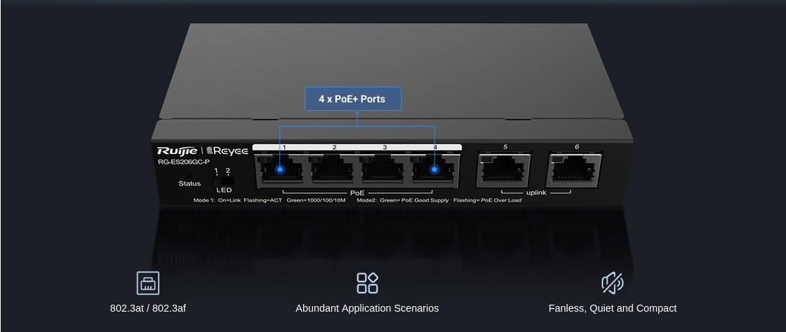 Суич Ruijie RG-ES206GC-P, 1000 Mbps, 6 порта, 4x PoE+, 6x 10/100/1000BASE-T - характеристика 1