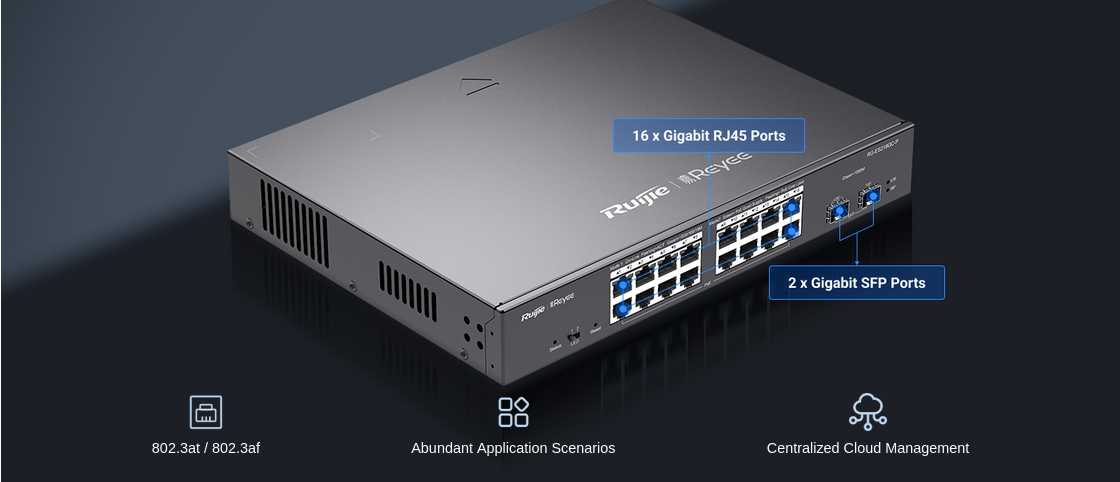 Суич Ruijie RG-ES218GC-P, 1000 Mbps, 18 порта, 16x PoE+, 16x 10/100/1000BASE-T, 2x 1000BASE-X SFP - характеристика 1