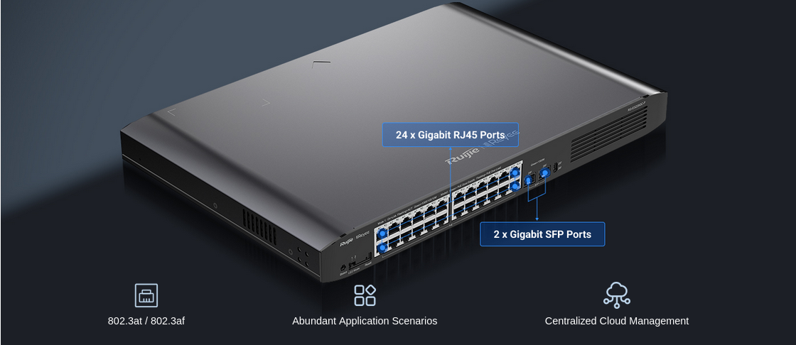 Суич Ruijie RG-ES226GC-P, 1000 Mbps, 26 порта, 24x PoE+, 24x 10/100/1000BASE-T, 2x 1000BASE-X SFP - характеристика 1