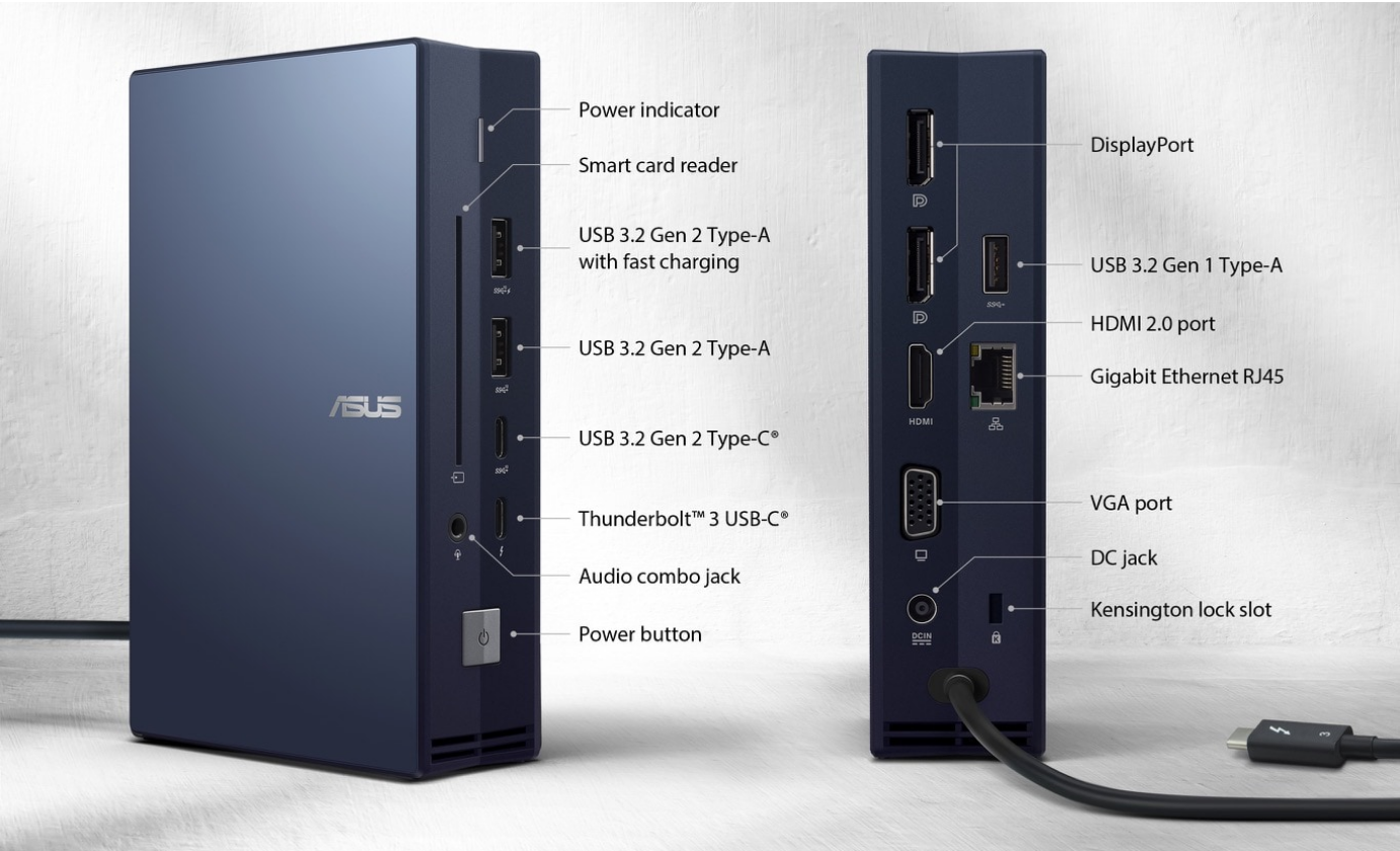 Докинг станция Asus SimPro Dock 2 (90NX0460-P00030), от USB C към 3x USB A, 2x USB C, 1x 3.5mm жак, 1x HDMI, 1x VGA, 1x RJ-45, 1x Thunderbolt, 2x DisplayPort, 1x четец на карти, черна - характеристика 3