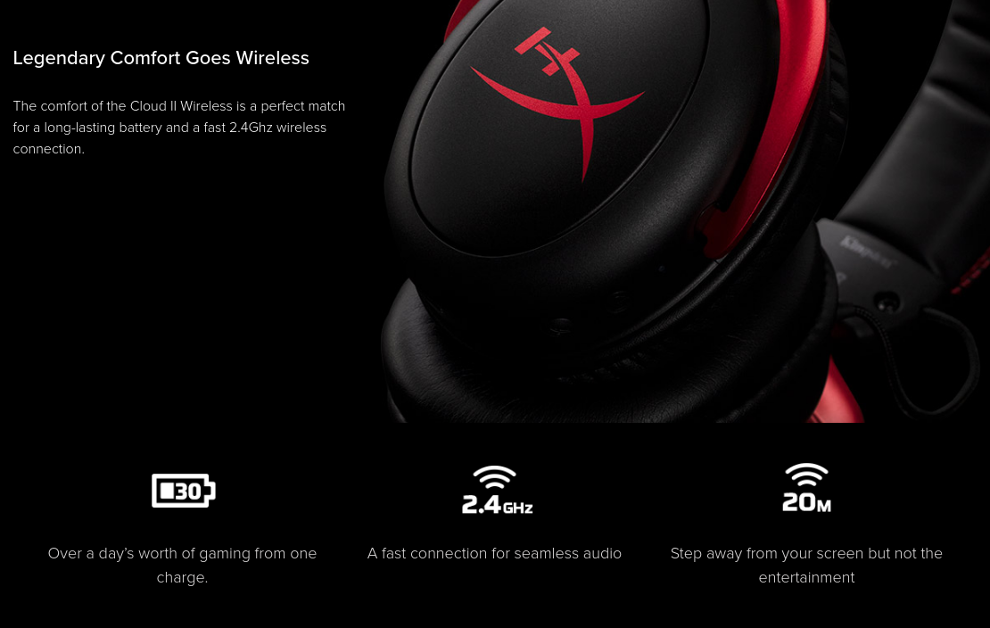 Слушалки HyperX Cloud II WIreless, безжични, микрофон, гейминг, USB, 2.4GHz, виртуален 7.1 съраунд, 53mm драйвери, червени - характеристика 2