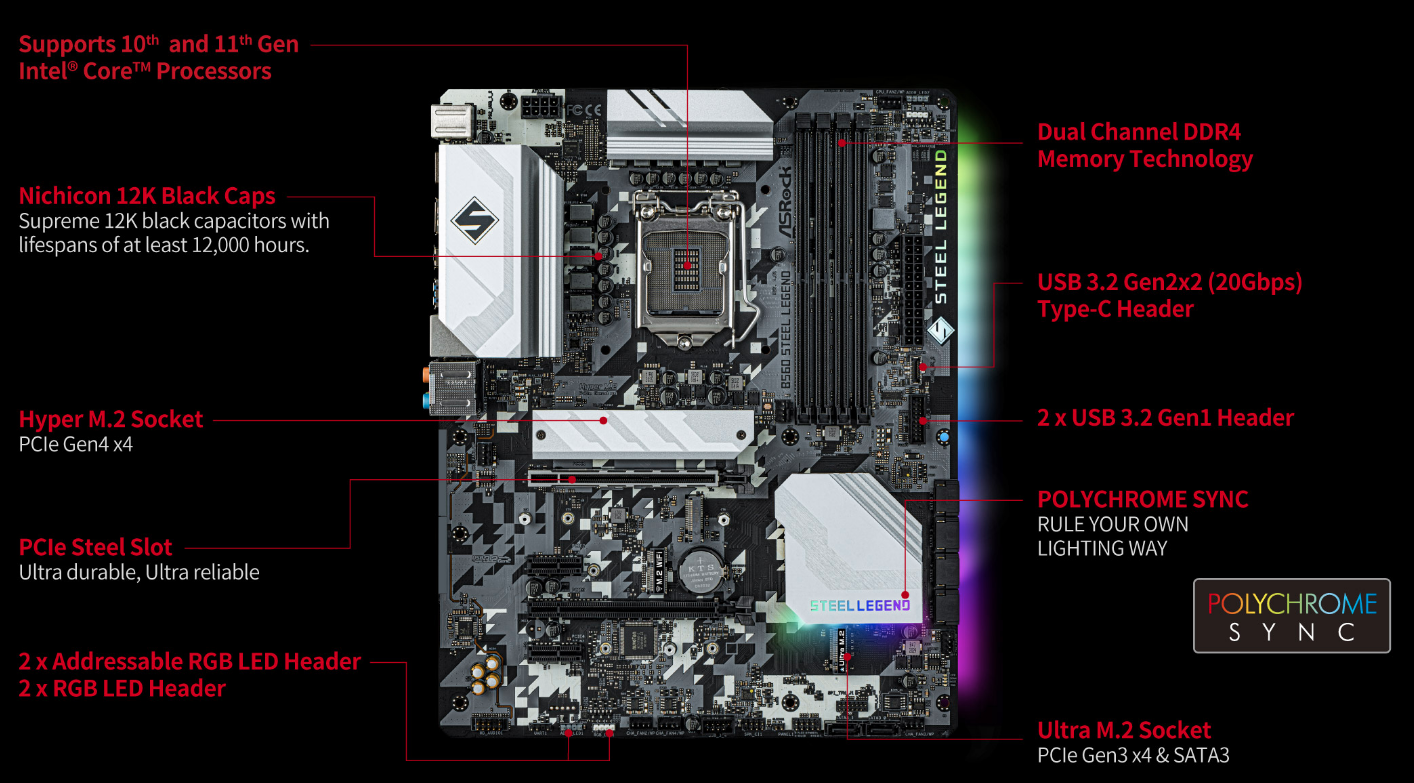 Дънна платка ASRock B560 Steel Legend, B560, LGA1200, DDR4, PCI-E 4.0 (DP/HDMI), 6x SATA 6Gb/s, 3x M.2, 1x USB 3.2 Gen 2 Type C, ATX - характеристика 1