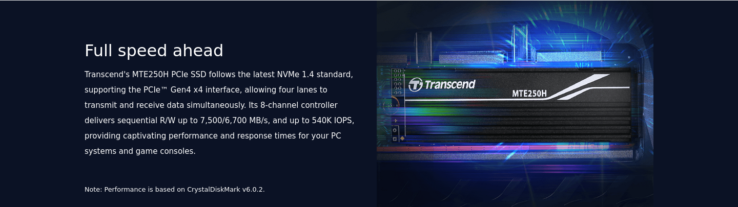 Памет SSD 2TB Transcend MTE250H (TS2TMTE250H), NVMe, M.2 (2280), скорост на четене до 7100MB/s, скорост на запис до 6500MB/s, с охлаждане - характеристика 1