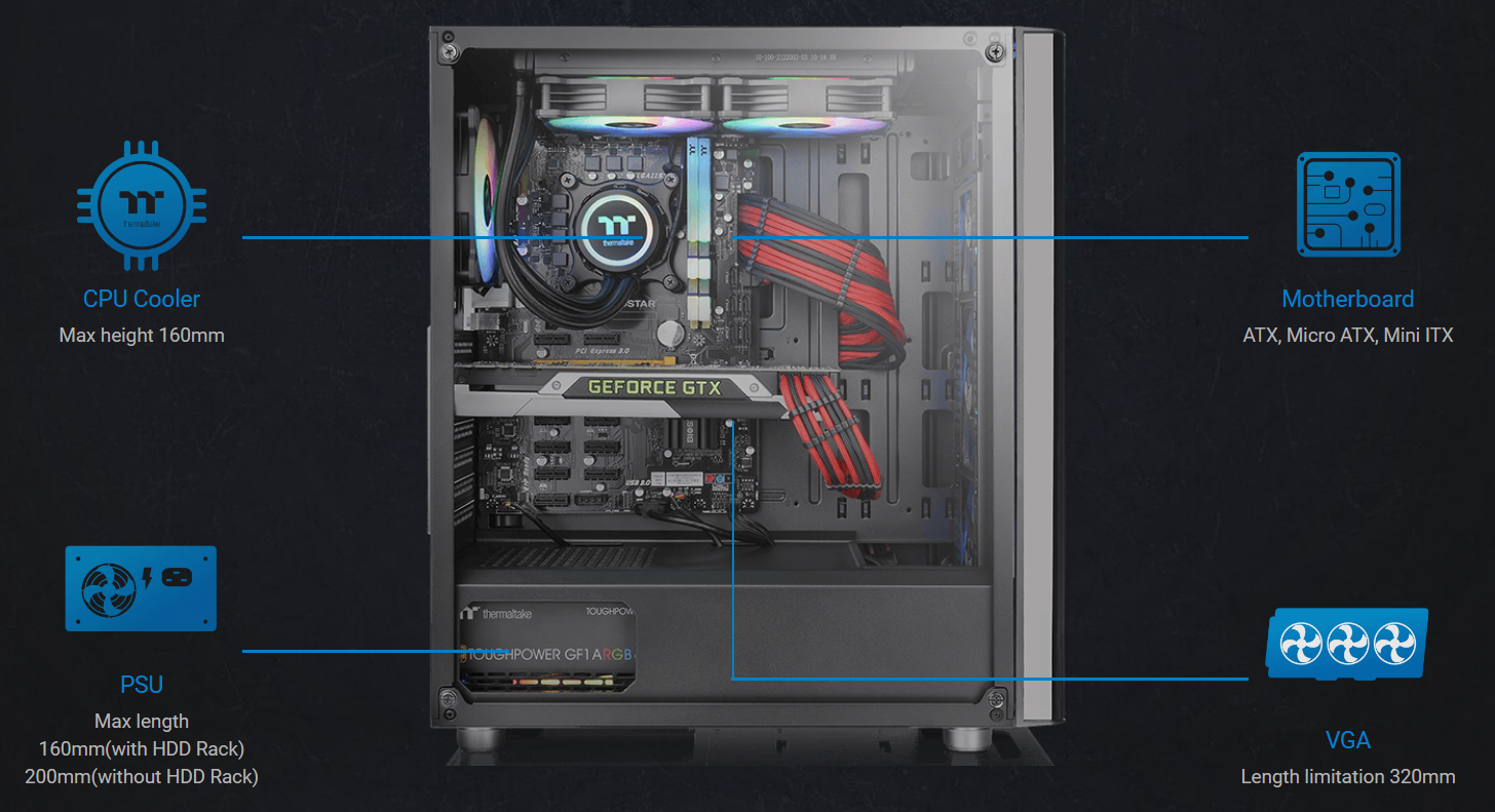 Кутия Thermaltake V250 TG Air ARGB, ATX/Micro-ATX/Mini-ITX, 1x USB 3.0, 2x USB 2.0, прозорец, 4x вентилатора, черна, без захранване - характеристика 6