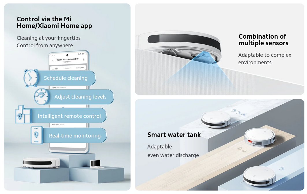 Прахосмукачка Xiaomi Robot Vacuum E10, робот, безжична, 35W, до 110 минути време на работа, тройно филтриране, 3 степени на водна струя, бяла - характеристика 3