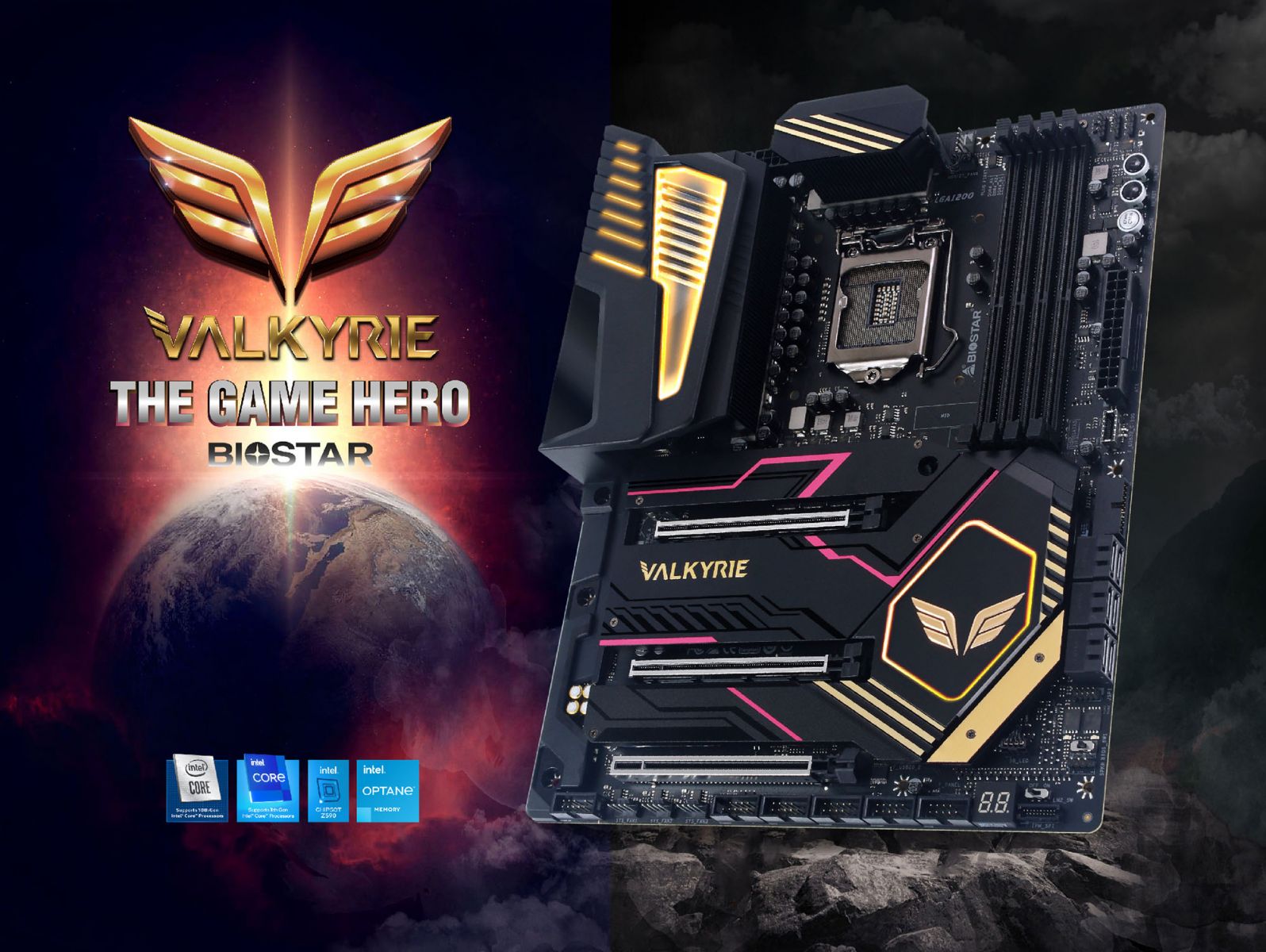 Дънна платка Biostar Z590 VALKYRIE, Z590, LGA1200, DDR4, PCI-E 4.0 (DP/HDMI)(CF), 6x SATA 6Gb/s, 3x M.2, 1x USB 3.2 Gen 2x2 Type-C, ATX - характеристика 1