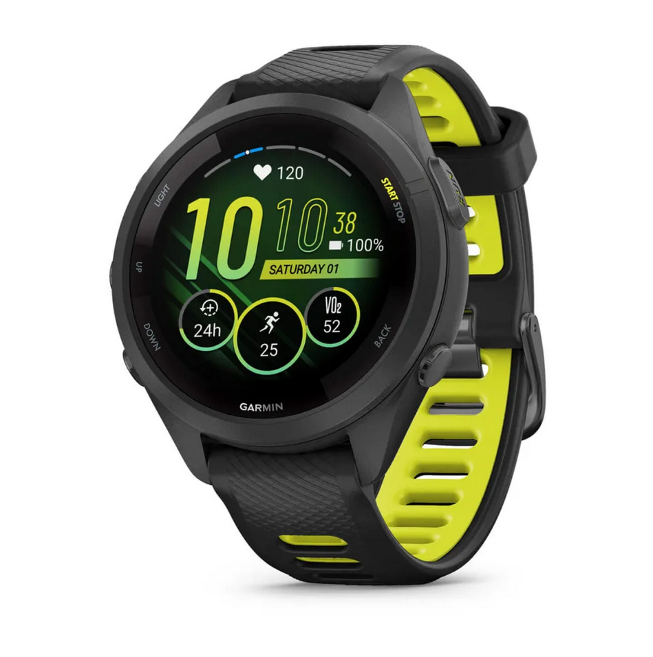 Смарт часовник Garmin Forerunner 265S Amp Yellow, за бегачи, 28.1мм (1.1"), Bluetooth, Wi-Fi, до 15 дни време за работа, 8GB Flash памет, GPS, женско здраве, функции за бягане, черен корпус с жълто-черна каишка - характеристика 13