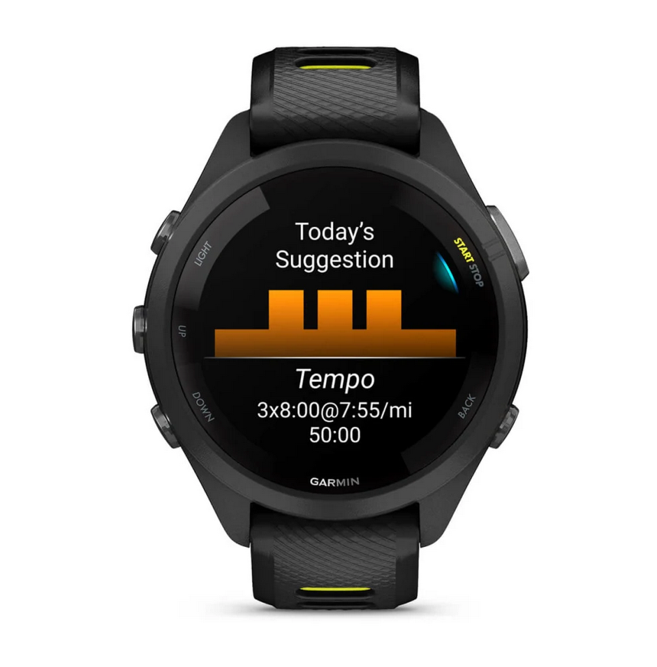 Смарт часовник Garmin Forerunner 265S Amp Yellow, за бегачи, 28.1мм (1.1"), Bluetooth, Wi-Fi, до 15 дни време за работа, 8GB Flash памет, GPS, женско здраве, функции за бягане, черен корпус с жълто-черна каишка - характеристика 15