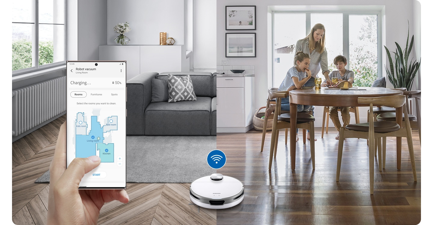Прахосмукачка Samsung Jet Bot+, робот, 60W, 0.4 л. капацитет на контейнера, LiDar сензор, функция Jet Live, станция за почистване на контейнера, бяла - характеристика 5