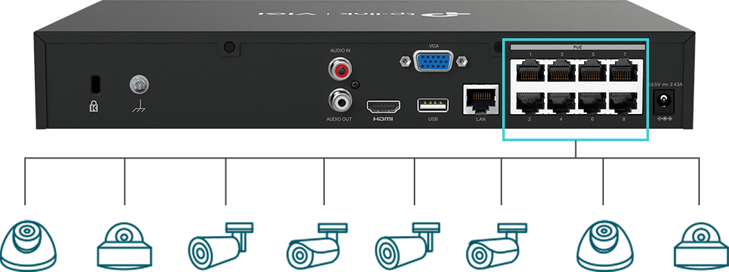 IP видеорекордер TP-Link VIGI NVR1008H-8MP, 8 канала, H.265+/H.265/H.264+/H.264, 1x SATA (до 10TB), 2x USB 2.0, 1x LAN 10/100Mbps, 1x HDMI, 1x VGA, PoE+ - характеристика 3
