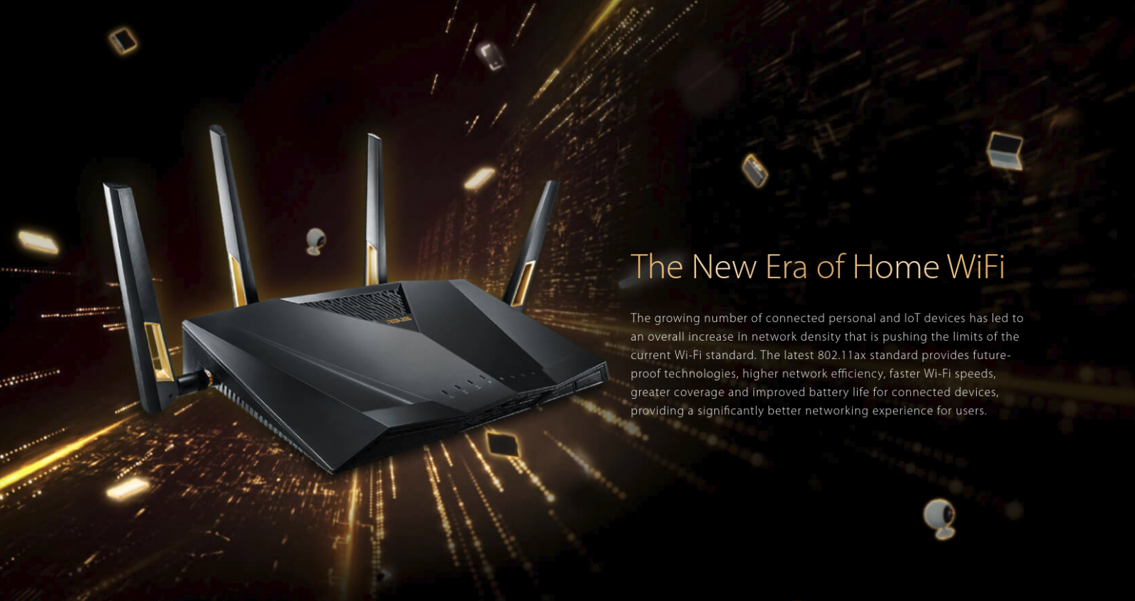 Рутер Asus RT-AX88U, 6000Mbps, 2.4GHz(1148Mbps), 5GHz(4804Mbps), Wireless AX, 9x LAN 10/100/1000 Mbps, 1x WAN 10/100/1000, 2x USB 3.1 Gen 1, 4x външни антени, четириядрен 1.8 GHz процесор - характеристика 1
