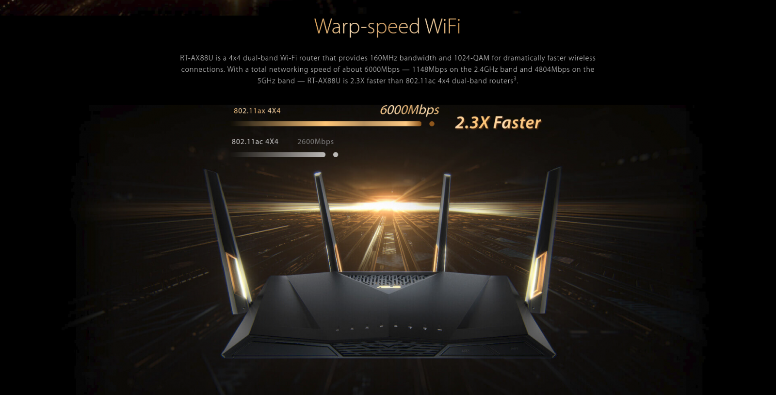 Рутер Asus RT-AX88U, 6000Mbps, 2.4GHz(1148Mbps), 5GHz(4804Mbps), Wireless AX, 9x LAN 10/100/1000 Mbps, 1x WAN 10/100/1000, 2x USB 3.1 Gen 1, 4x външни антени, четириядрен 1.8 GHz процесор - характеристика 2