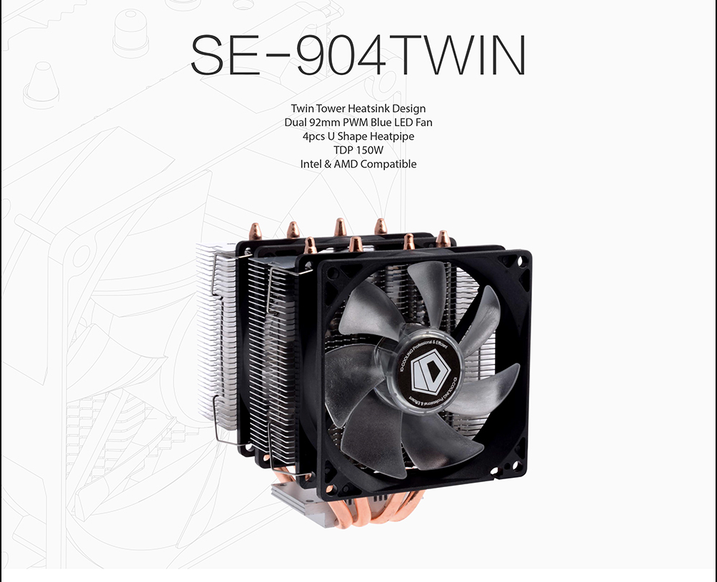 Охлаждане за процесор ID Cooling SE-904TWIN, съвместимост с Intel 2011/1366/1151/1150/1155/1156 и AMD FM2+/FM2/FM1/AM3+/AM3/AM2+/AM2 - характеристика 1