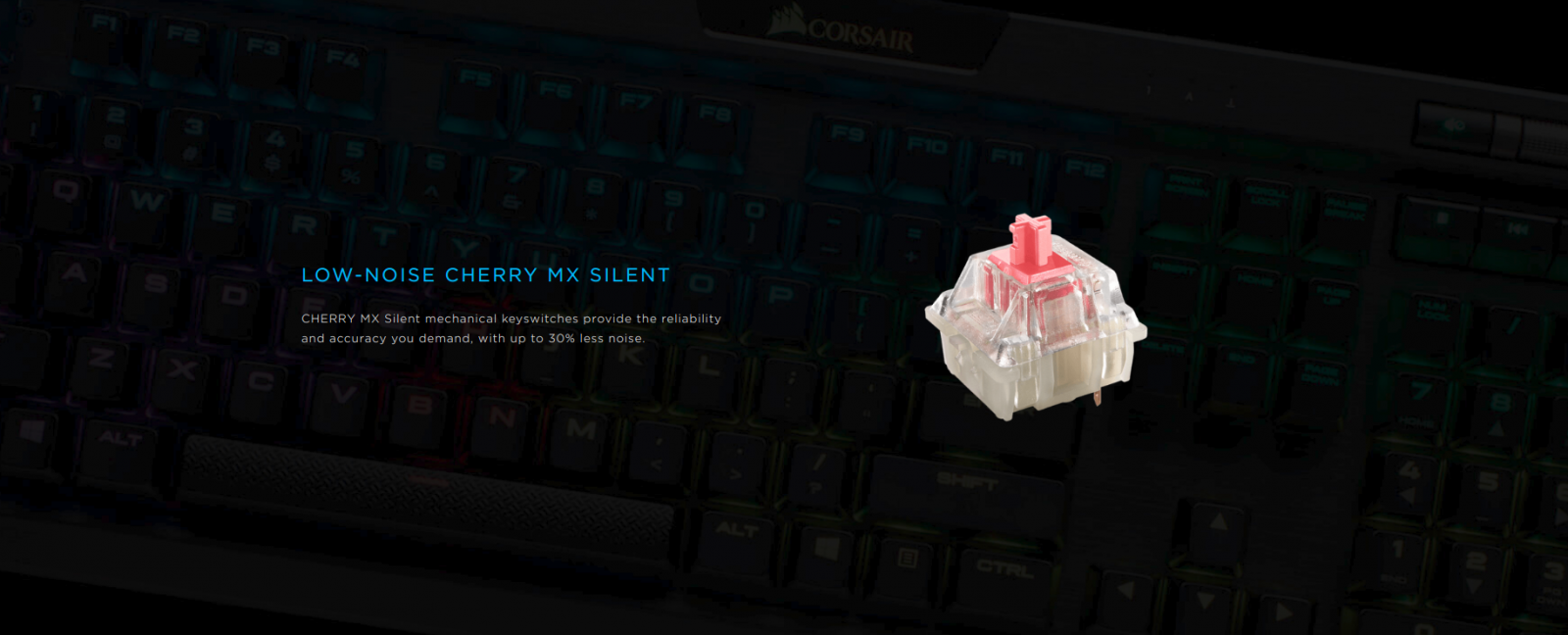 Клавиатура Corsair K70 RGB MK.2, гейминг, Cherry MX Silent клавиши, подсветка, мултимедийни бутони, памет, черна, USB - характеристика 1