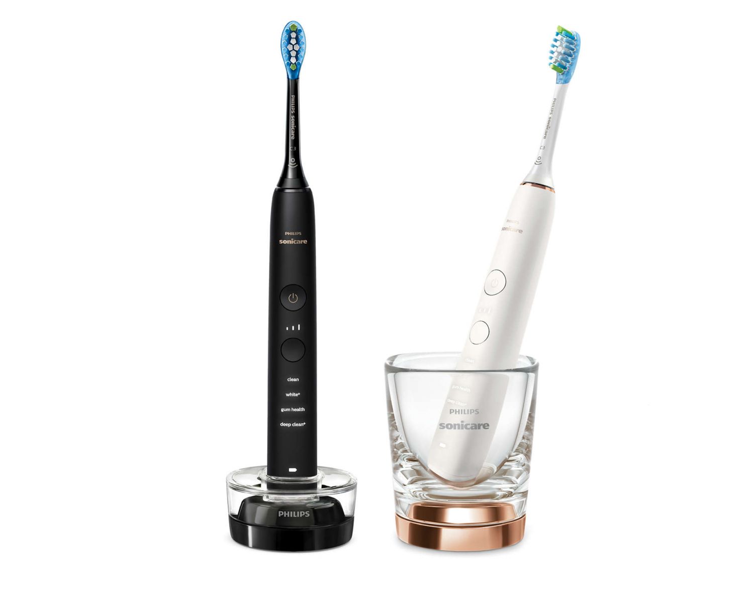 Ел. четки за зъби PHILIPS DiamondClean 9000, до 14 дни живот на батерията, Bluetooth, до 62 000 движения в /мин, черно и розово злато, 2 броя Глави за четка C3 Premium Plaque Defense, зареждаща чаша - характеристика 1