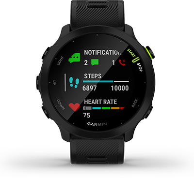 Смарт часовник Garmin Forerunner 55 Black, 1.04" (2.64 cm) MIP дисплей, до 14 дни живот на батерията, GPS, акселерометър, пулсомер, Connect IQ, хидратация, съвместим с Android и Apple устройства, черен - характеристика 11