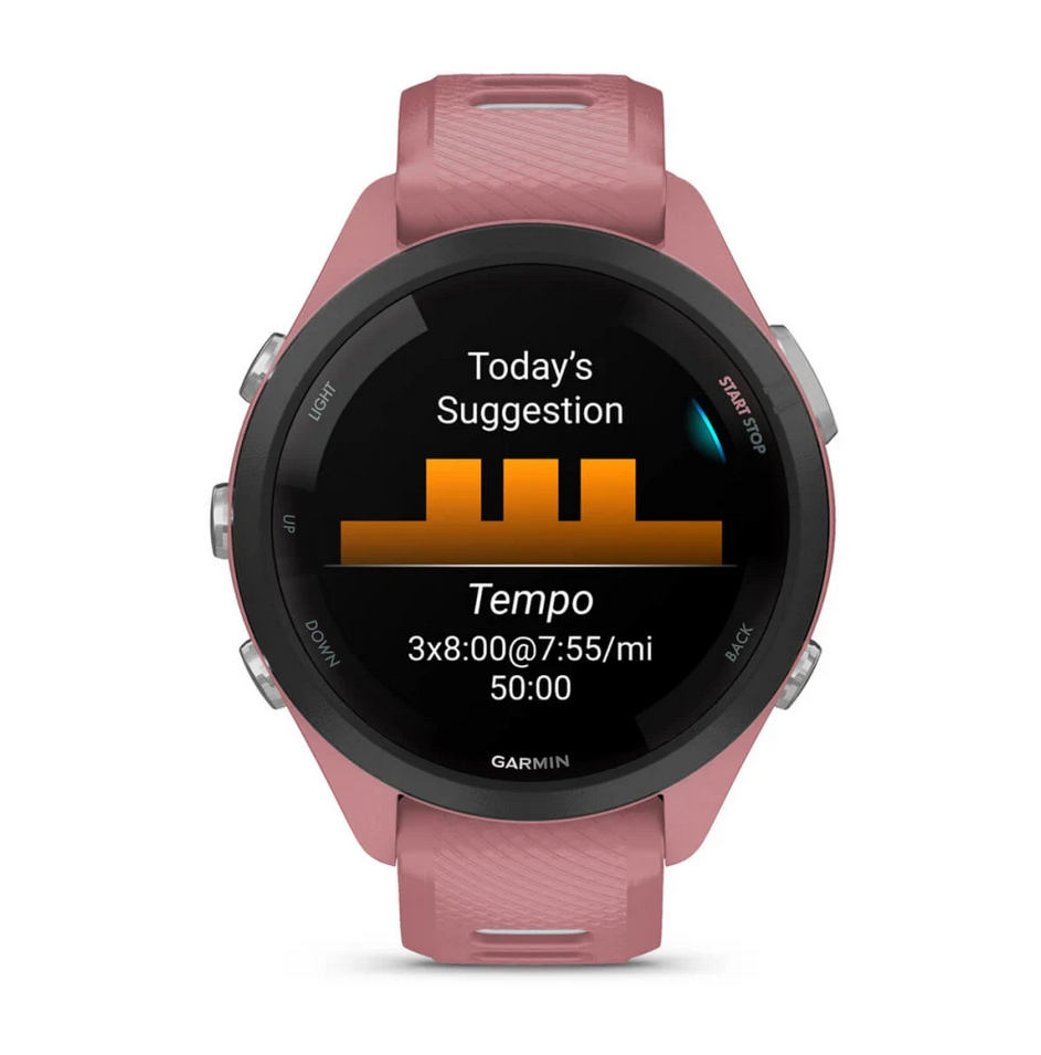 Смарт часовник Garmin Forerunner 265S Light Pink, за бегачи, 28.1мм (1.1"), Bluetooth, Wi-Fi, до 15 дни време за работа, 8GB Flash памет, GPS, женско здраве, функции за бягане, розов корпус със сиво-розова каишка - характеристика 15