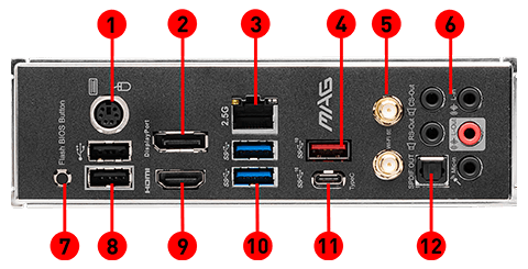 MAG B550 TOMAHAWK MAX WIFI back panel ports