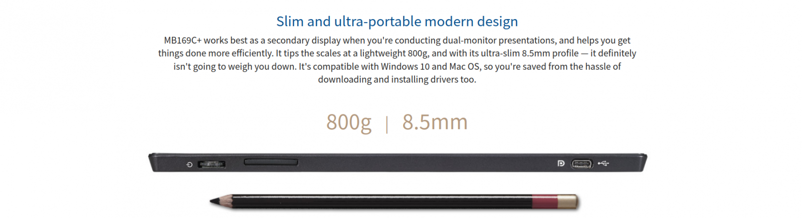 Монитор Asus MB169C+, преносим, 15.6" (39.62 cm) IPS панел, Full HD, 5ms, 200 cd/m2, USB Type C, без трипод стойка - характеристика 1