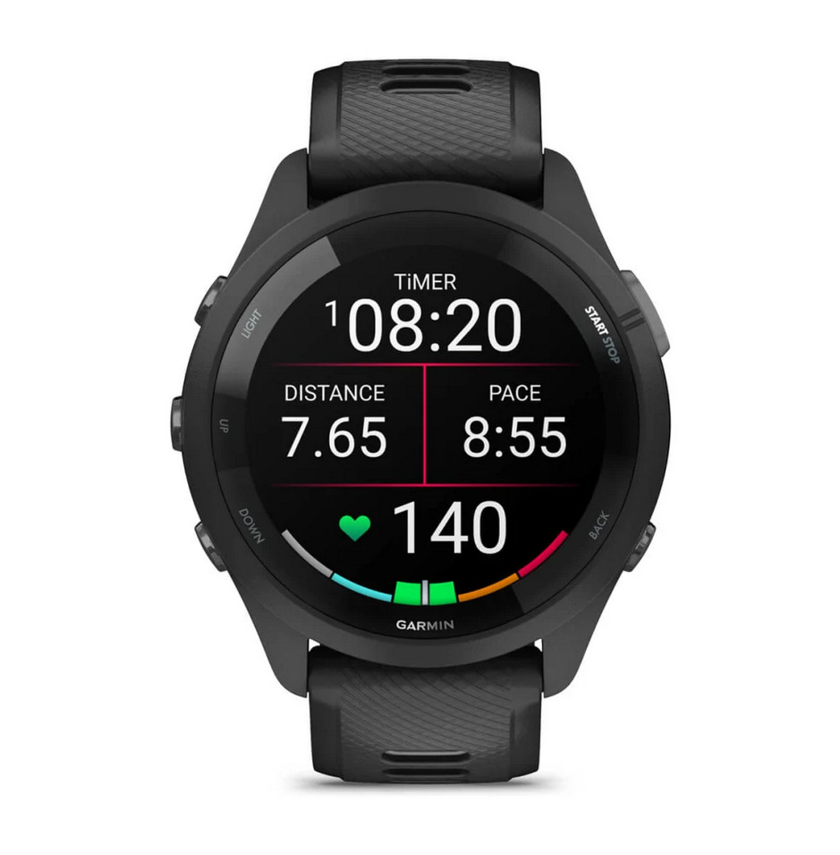 Смарт часовник Garmin Forerunner 265 Powder Gray, 32.5mm (1.3"), Bluetooth, Wi-Fi, до 13 дни време за работа, множество фитнес функции, профили за бягане, 8GB Flash памет, черен корпус със сиво-черна каишка - характеристика 15