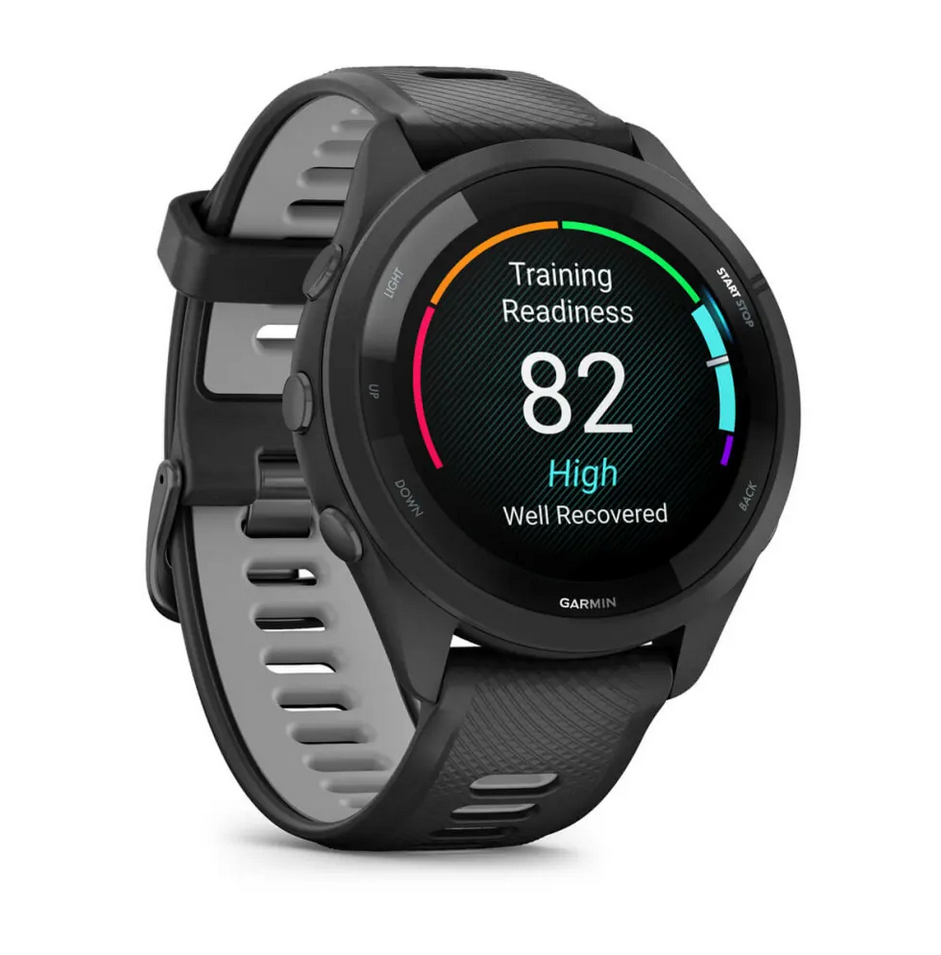 Смарт часовник Garmin Forerunner 265 Powder Gray, 32.5mm (1.3"), Bluetooth, Wi-Fi, до 13 дни време за работа, множество фитнес функции, профили за бягане, 8GB Flash памет, черен корпус със сиво-черна каишка - характеристика 17
