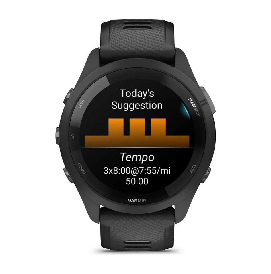 Смарт часовник Garmin Forerunner 265 Powder Gray, 32.5mm (1.3"), Bluetooth, Wi-Fi, до 13 дни време за работа, множество фитнес функции, профили за бягане, 8GB Flash памет, черен корпус със сиво-черна каишка - характеристика 18
