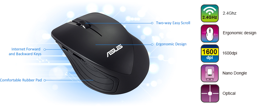 Мишка Asus WT465, оптична(1600 dpi), USB, безжична, черна - характеристика 1