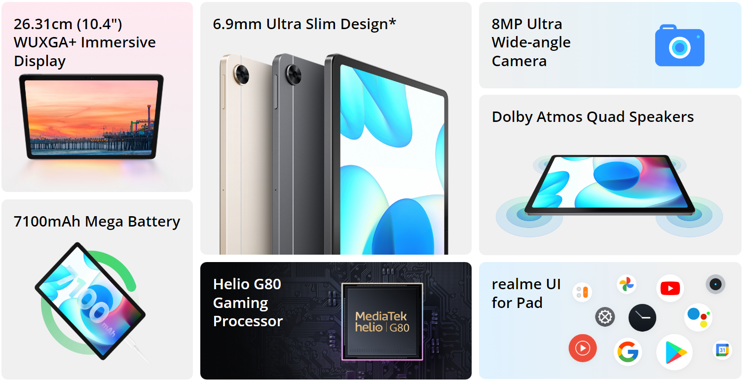Таблет Realme PAD (RMP2102)(сив), LTE, 10.4" (26.31 cm) IPS дисплей, осемядрен Helio G80 2.0GHz, 6GB RAM, 128GB Flash памет (+ microSDXC слот), 8.0 & 8.0 Mpix камери, Android - характеристика 2